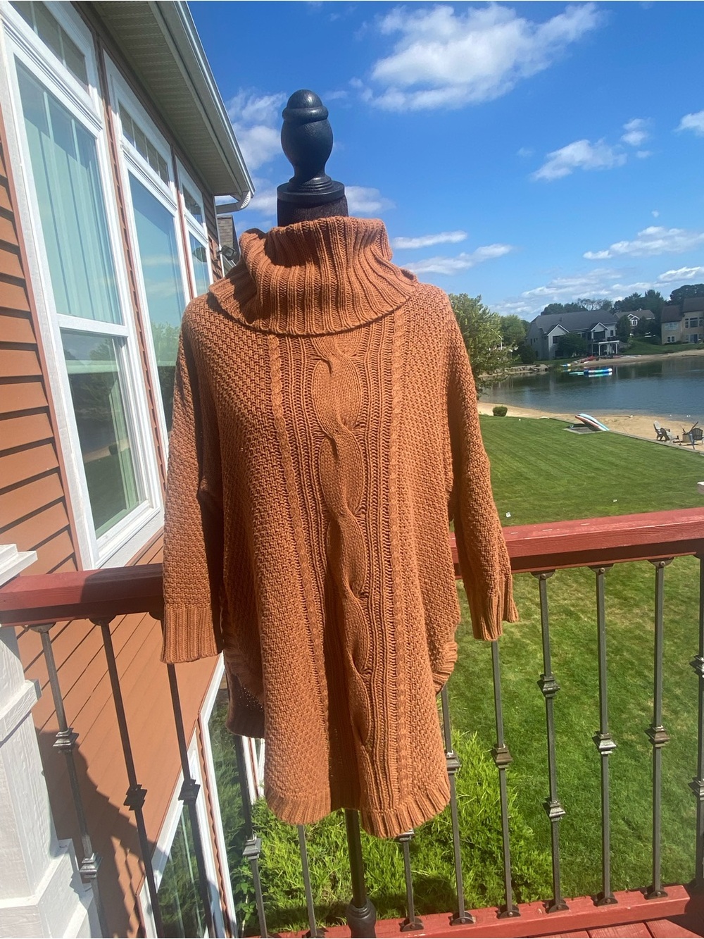 Express Womens S Brown Cable Knit Cowl Neck Oversized Poncho Sweater Tunic Fall
